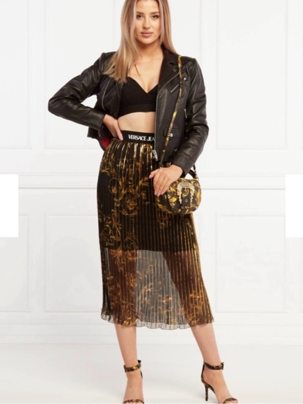 Versace Jeans Collection Black and Gold Pleated Midi Skirt
